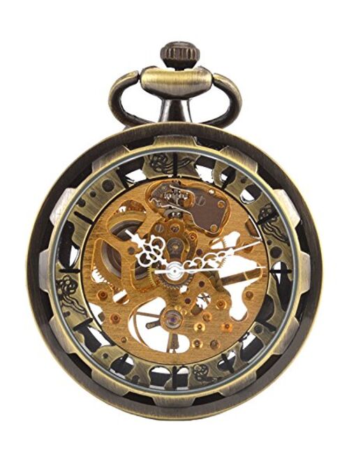 Carrie Hughes Men's Open face Bronze Tone Skeleton Mechanical Pocket Watch with Chain CH397