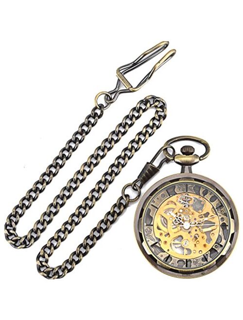 Carrie Hughes Men's Open face Bronze Tone Skeleton Mechanical Pocket Watch with Chain CH397