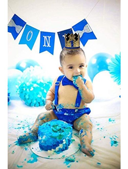 First Birthday Cake Smash Outfit for Baby Boys Party Crown Bloomers Bowtie Suspenders set