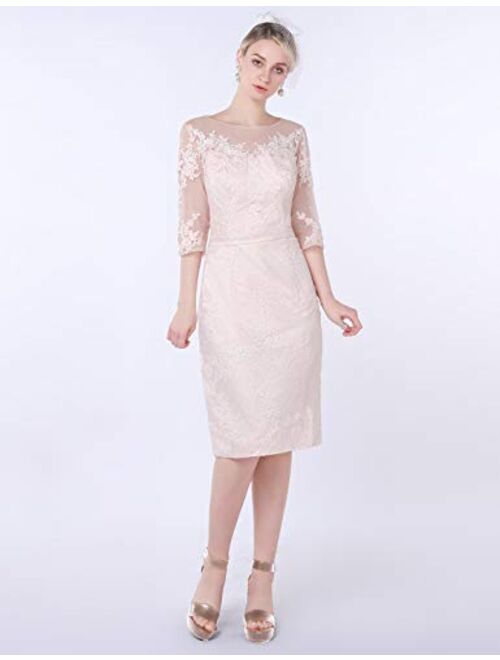Newdeve Lace Mother of The Bride Dresses Tea Length Sheath 3/4 Sleeves with Chiffon Jacket