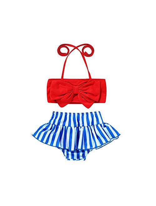 JEELLIGULAR Toddler Baby Girl Swimwear Bowknot Stripe Swimsuit Bathing Suit 2Pcs Bikini Set Outfits Summer