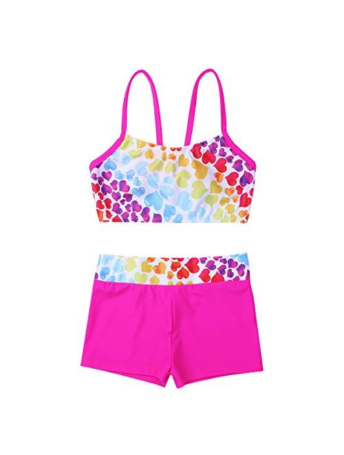 inlzdz Kids Girls Two Piece Sports Tankini Heart-Shaped/Polka Dots Printed Tops with Bottoms Dancewear Swimwear