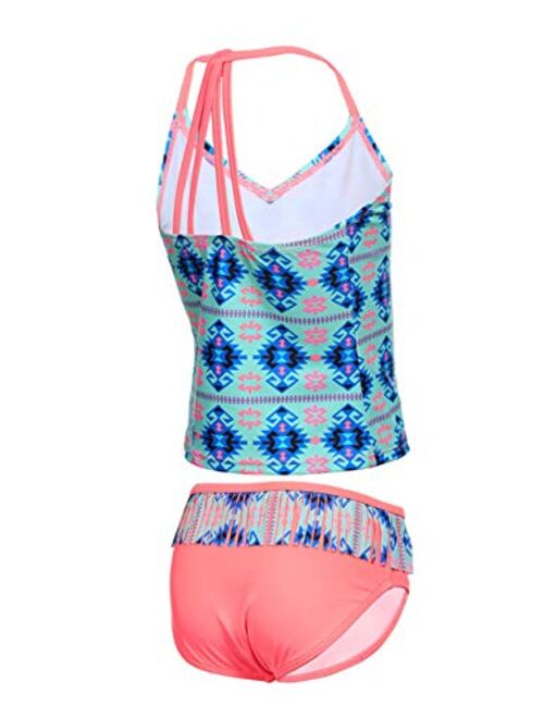 LEINASEN Two Piece Bathing Suits for Girls, Colorful Floral Printing T-Back Beach Tankini Swimsuits for Kids