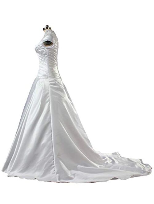 ANTS Bridal Modest A Line Pleat Satin Wedding Dress Short Sleeve
