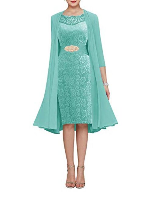 Chiffon Lace Mother of The Bride Dress with Jacket Women A-line Short Evening Gown
