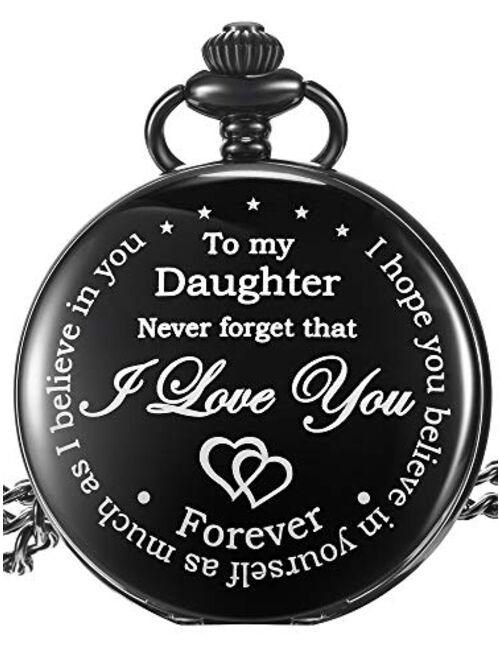 Pangda Inspirational Gift to My Daughter Never Forget That I Love You Steel Pocket Watch, Personalized Daughter Gift from Mom Dad (Daughter Gifts, Black Dial)