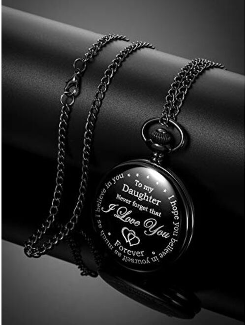 Pangda Inspirational Gift to My Daughter Never Forget That I Love You Steel Pocket Watch, Personalized Daughter Gift from Mom Dad (Daughter Gifts, Black Dial)