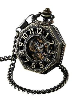 ShoppeWatch Skeleton Pocket Watch with Chain Bronze Octagon Case Steampunk Costume Railroad Style Mechanical Movement Hand Wind Up Reloj PW-221