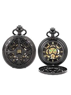 ManChDa Vintage Black Mechanical Hollow Hunter Hand Wind Pocket Watch Luminous Pointer with Chain for Men + Box