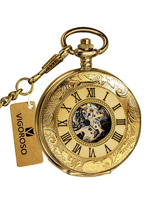 VIGOROSO Mens Pocket Watch with Chain Half Hunter Double Cover Skeleton Mechanical Watches Gold Roman Numeral in Box