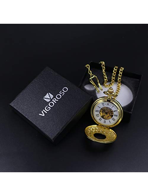 VIGOROSO Mens Pocket Watch with Chain Half Hunter Double Cover Skeleton Mechanical Watches Gold Roman Numeral in Box