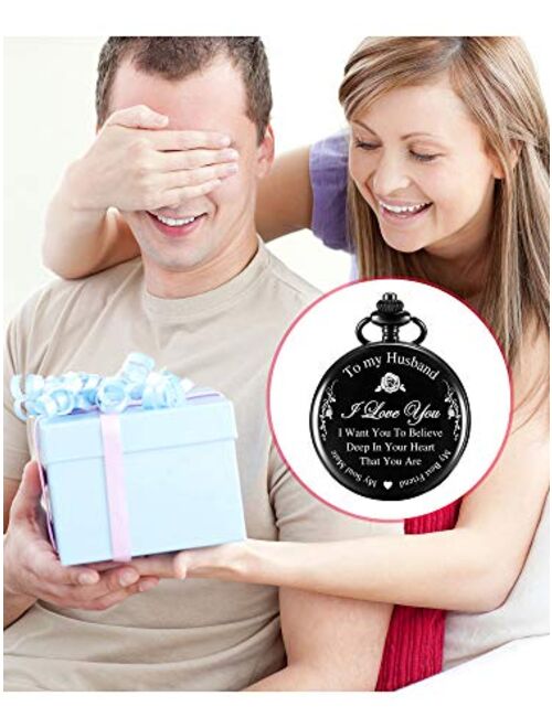 Hicarer Pocket Watch Engraved Gifts for Husband with Gift Box, Christmas Birthday Fathers Husband Gift from Wife (for Husband)