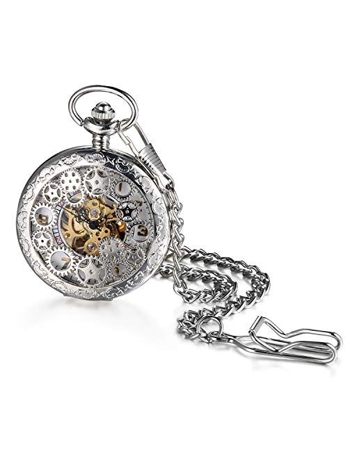 JewelryWe Automatic Mechanical Watch Classic Hollow Gear Skeleton Hand Wind Steampunk Retro Watch with Chain for Valentine’s Day