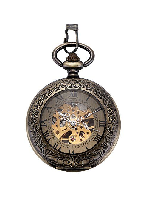 ManChDa Mechanical Pocket Watch, for Men Women Special Magnifier Half Hunter Double Open Engraved Case Roman Numerals with Chain + Box