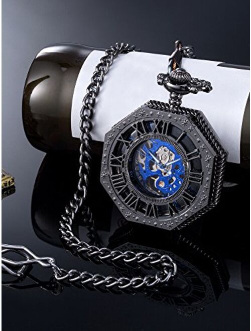 Mudder Vintage Mechanical Hand-Wind Skeleton Pocket Watch with Chain Xmas Gift (Black)