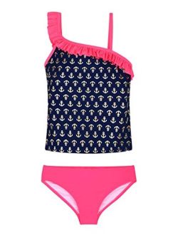 Hilor Girls Two Piece Swimsuits Ruffle Hem Tankini Set Cross Back Swimwear Set 