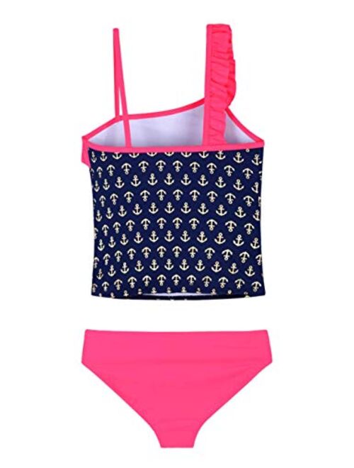 Hilor Girl's Two Piece Swimsuits Ruffle Hem Tankini Set Cross Back Swimwear Set