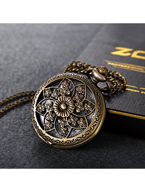 Lancardo Antique Bronze Half Hunter Skeleton Camellia Cover Pocket Fob Watch with Chain