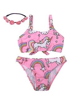 Little Girls 3pcs Bikini Swimsuit Unicorn Lovely Cartoon Beach Swimwear Swimpool Bathing Suit Swim for 4-9 Years(Pink)
