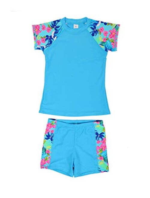 LEINASEN Girls 2-Piece Rash Guard Swimsuit, UPF 50+ Sun Protection Short Sleeves Top with Boyshorts, Size 4-16