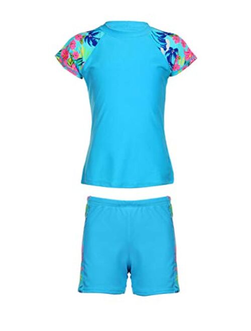LEINASEN Girls 2-Piece Rash Guard Swimsuit, UPF 50+ Sun Protection Short Sleeves Top with Boyshorts, Size 4-16