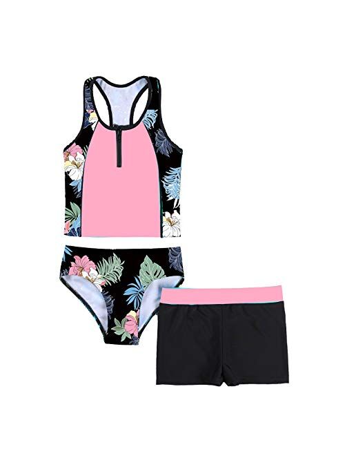 Haitryli Kids Girls 3 Pieces Swimsuit Sleeveless Floral Printed Tops with Shorts Bottoms Set Tankini Bathing Suit