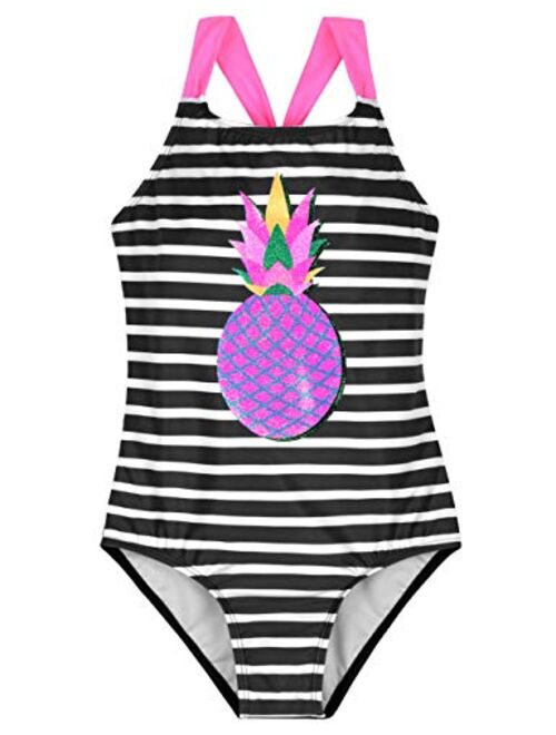 Firpearl Girl's One Piece Swimsuit Crossback Cute Print Sailor Bathing Suit Kids Swimwear