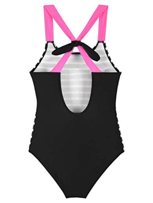 Firpearl Girl's One Piece Swimsuit Crossback Cute Print Sailor Bathing Suit Kids Swimwear