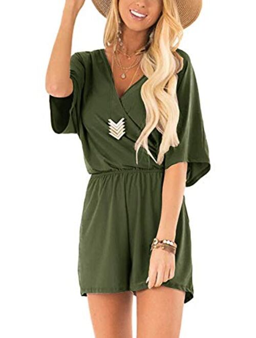 ReachMe Womens Casual V Neck Romper Shorts Summer Short Sleeve Loose Jumpsuit with Pockets