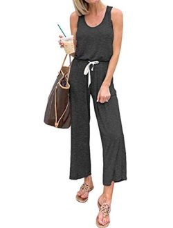 Womens Casual Solid Sleeveless Jumpsuit Crewneck Drawstring Waist Stretchy Long Pants Romper with Pockets