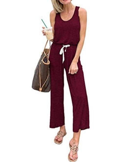 Womens Casual Solid Sleeveless Jumpsuit Crewneck Drawstring Waist Stretchy Long Pants Romper with Pockets