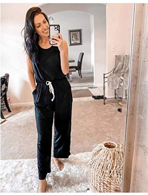 PRETTYGARDEN Women’s Casual Solid Sleeveless Jumpsuit Crewneck Drawstring Waist Stretchy Long Pants Romper with Pockets