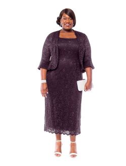 RM Richards Women's Plus Size Sequin Lace Midi Dress With Jacket - Mother of The Bride Wedding Dresses