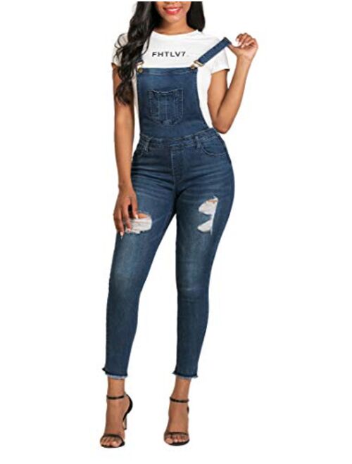 MEISITE Women's Stretch Jeans Jumpsuit Denim Ripped Distressed Skinny Overalls…