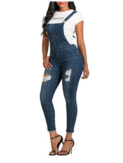 MEISITE Women's Stretch Jeans Jumpsuit Denim Ripped Distressed Skinny Overalls…