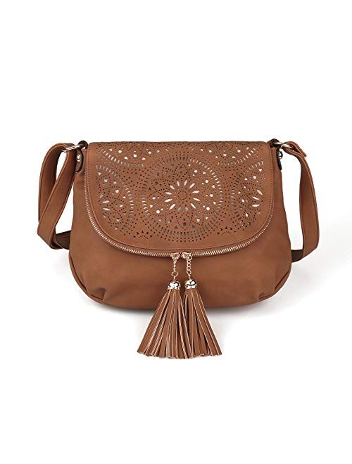 Carved Leather Handbag Women Boho Crossbody Messenger Bag Purse