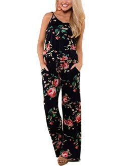 X-Image Womens Casual Jumpsuits Comfy Summer Rompers Spaghetti Strap Floral Printed Striped Jumpsuit with Pockets