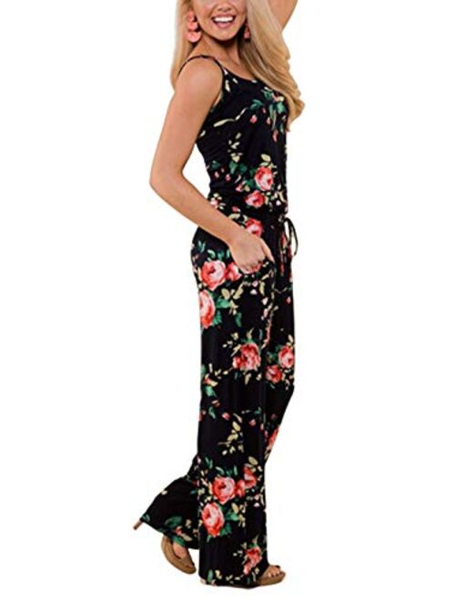 X-Image Womens Casual Jumpsuits Comfy Summer Rompers Spaghetti Strap Floral Printed Striped Jumpsuit with Pockets