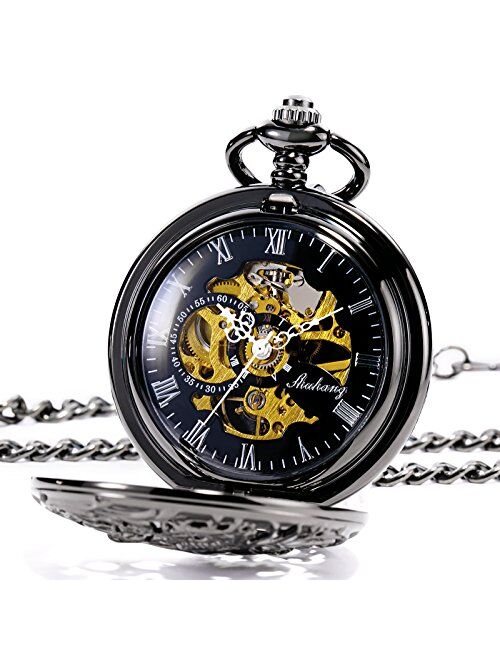 TREEWETO Antique Mechanical Pocket Watch Lucky Dragon Hollow Case Double Hunter Skeleton Dial with Chain + Box