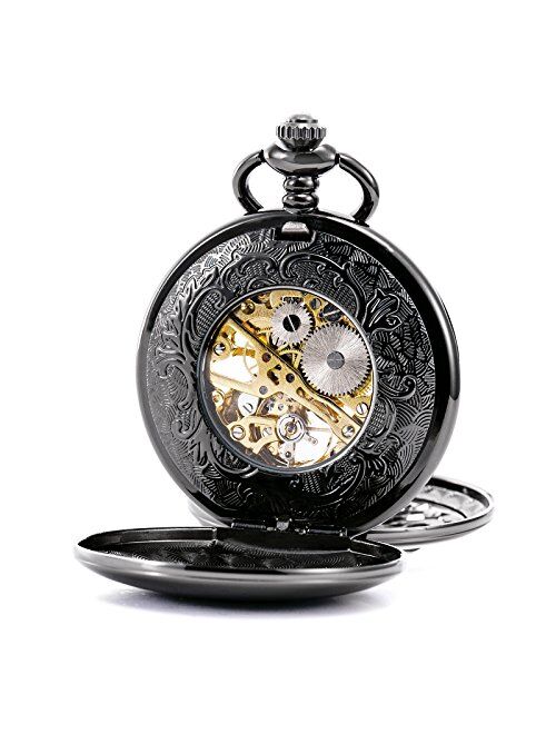 TREEWETO Antique Mechanical Pocket Watch Lucky Dragon Hollow Case Double Hunter Skeleton Dial with Chain + Box