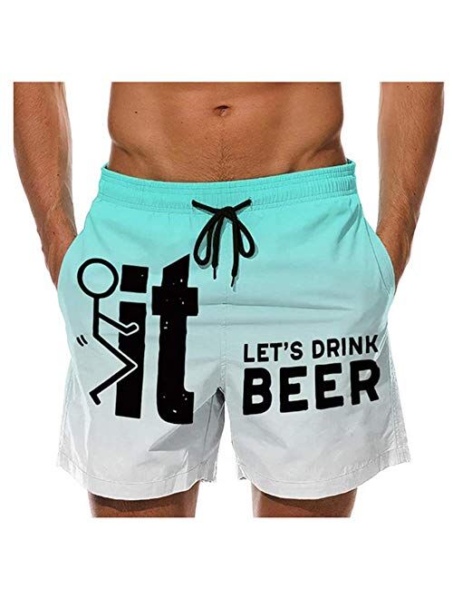 Pisexur Beer Drink Letter Swim Trunks for Men Drawstring Swim Shorts Gradient Print Let's Drink Beer Beach Shorts