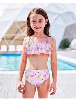 iDrawl Big Girls Kids Two Piece Tankini Set Coco Printed Halter Swimsuit V-Neck Cute Sleeveless Swimming Costume for Age 6 to 14 