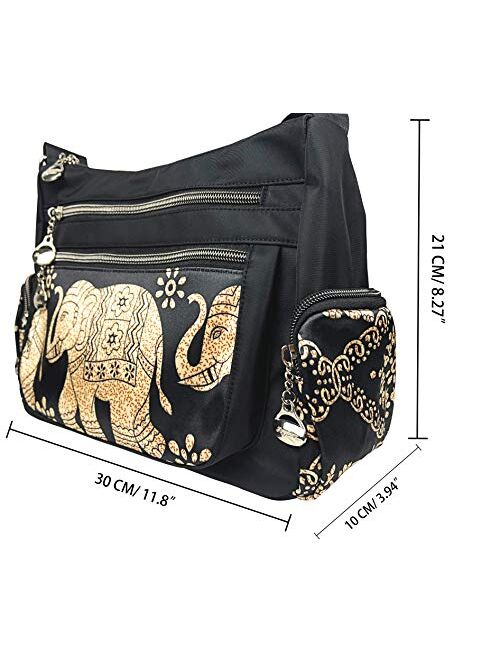 Crossbody Bag for Women Multi Pocket Shoulder Bag Boho Elephant Bag Casual Nylon Purse Handbag