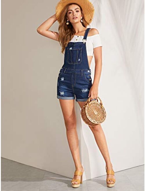 Milumia Women's Ripped Rolled Hem Denim Pinafore Overall Shorts Romper Jumpsuit