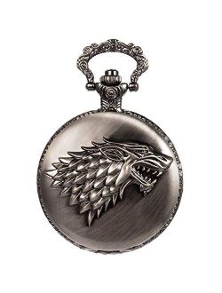 Pocket Watch Steampunk Wolf Wolves Pattern Mens Chain Black Quartz Direwolf House Stark Game of Thrones
