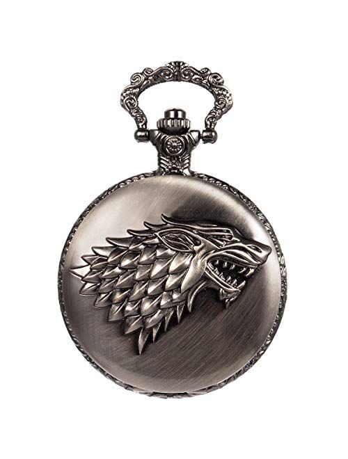 SIBOSUN Pocket Watch Steampunk Wolf Wolves Pattern Mens Chain Black Quartz Direwolf House Stark Game of Thrones