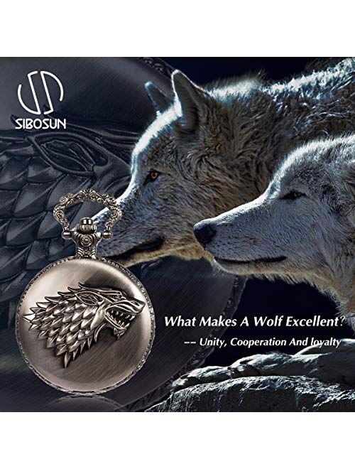 SIBOSUN Pocket Watch Steampunk Wolf Wolves Pattern Mens Chain Black Quartz Direwolf House Stark Game of Thrones