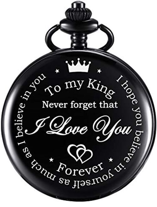 Anniversary Valentines Personalized Gift Engraved Pocket Watch with Chain for Men Husband Boyfriend on Valentines, Christmas, Birthday, Happy Wedding