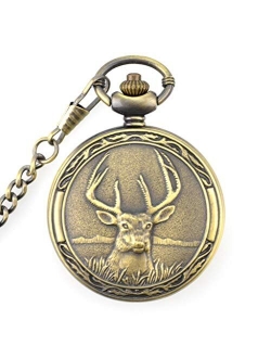 New Brand Mall Classic Vintage Bronze Antique Design Case for Men's Quartz Pocket Watch with Chain (Two Bear's, Eagle, Deer)