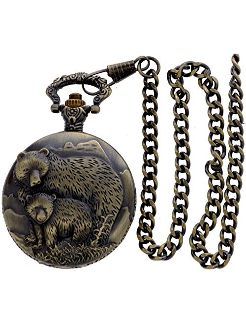 New Brand Mall Classic Vintage Bronze Antique Design Case for Men's Quartz Pocket Watch with Chain (Two Bear's, Eagle, Deer)